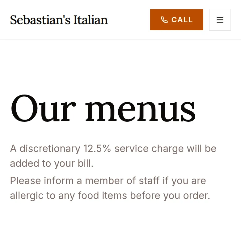Menus page on the Sebastian's Italian site