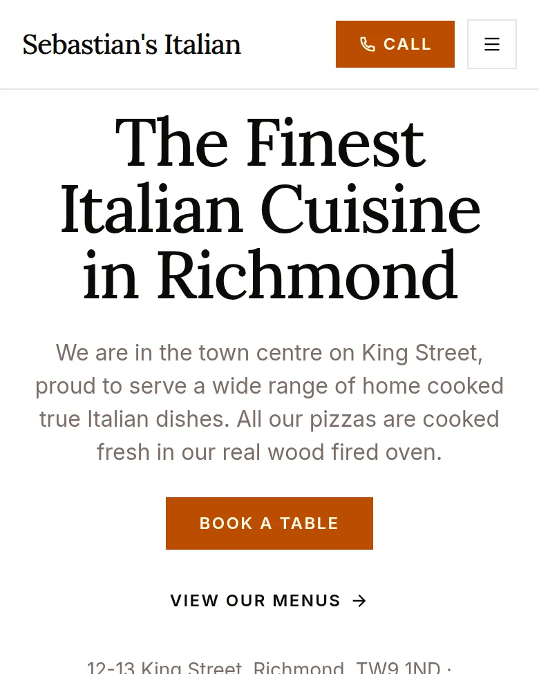 Website built for Sebastian's Italian, a restaurant in Richmond